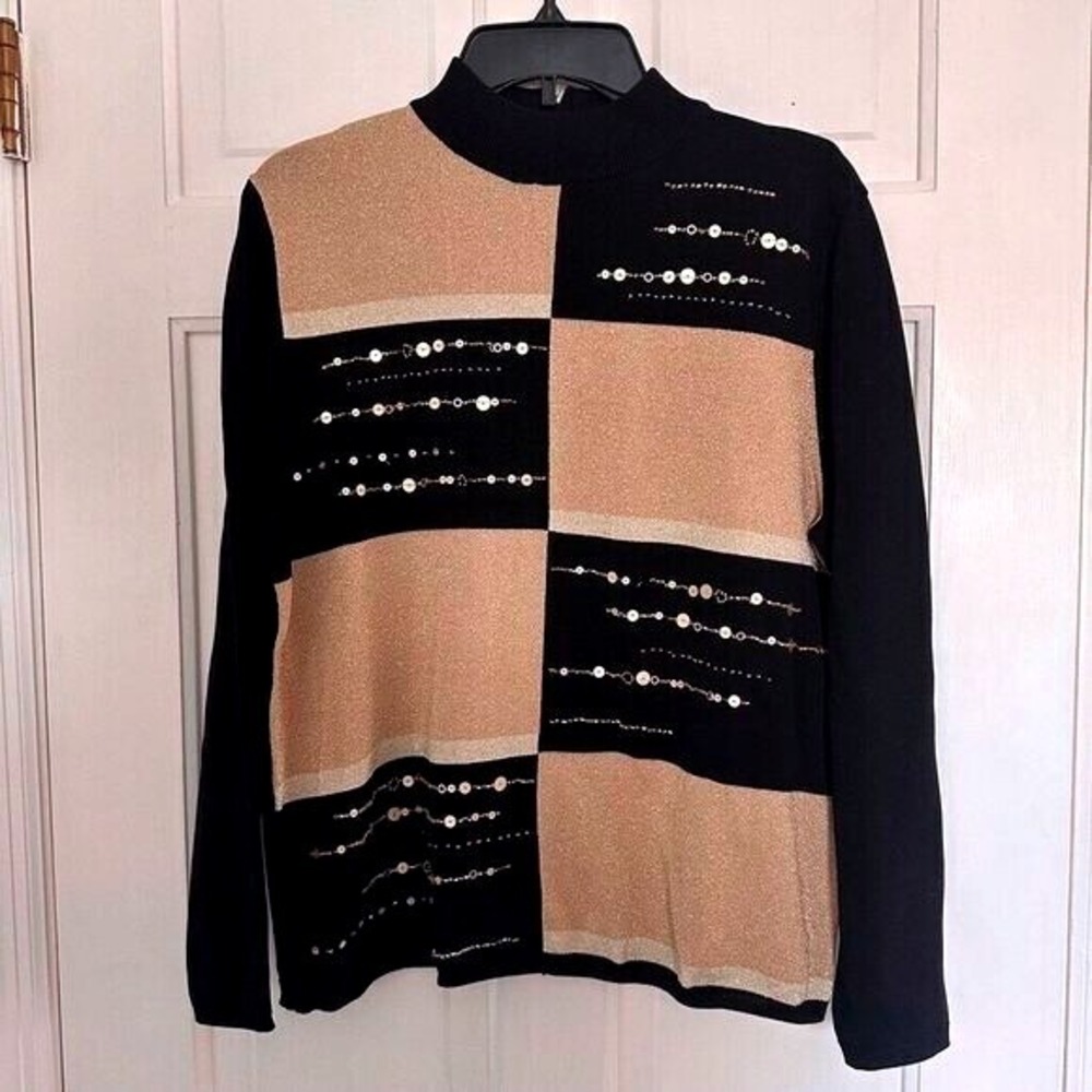 Alfred Dunner Black & Gold Collared Sweater Sparkling Sequins Size Womens M